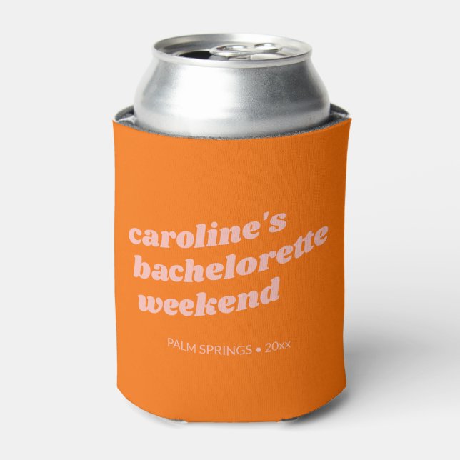 Personalized Fun Pink Orange Bachelorette Weekend Can Cooler (Can Front)