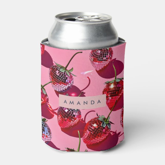 Personalized Fun Retro Disco Strawberry Can Cooler (Can Front)