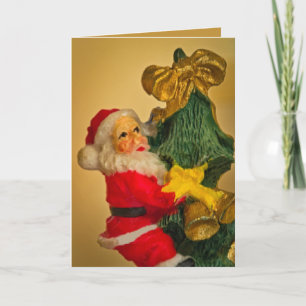 Personalized Fun Santa atop Christmas Tree, Golden Card