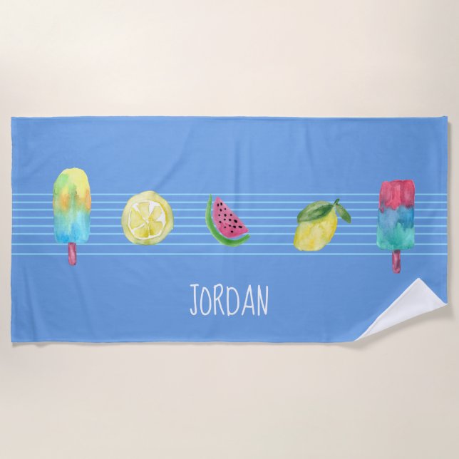 Personalized fun summer fruits popsicles  beach towel (Front)
