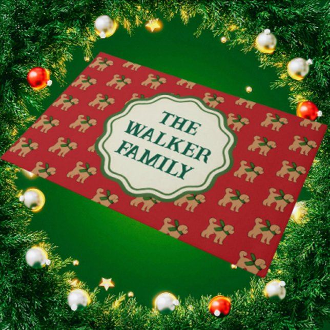 Personalized Fun Tan Doodle Dog Red Doormat (Welcome family and friends with this personalized door mat!)