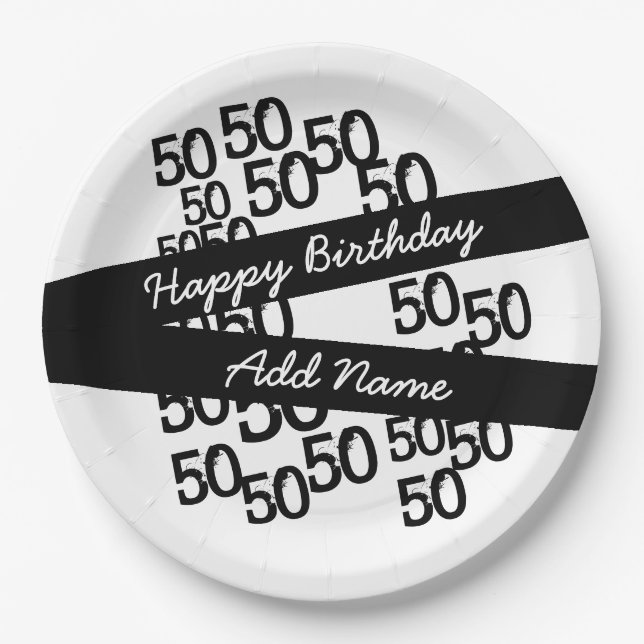 Personalized Funky Black White 50th Birthday Paper Plate (Front)