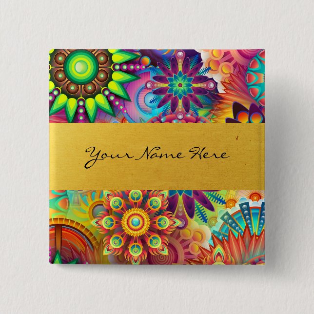 Personalized Funky Boho Floral Flame Mandalas 2 Inch Square Button (Front)