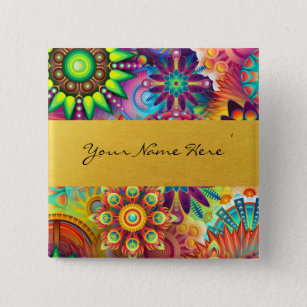 Personalized Funky Boho Floral Flame Mandalas 2 Inch Square Button