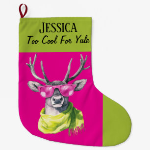 Personalized Funky Colourful Reindeer In Sunglasse Large Christmas Stocking