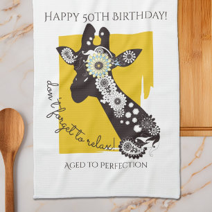 Personalized Funky Cool Giraffe Funny Birthday Kitchen Towel