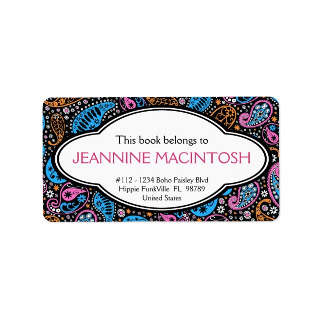 Personalized Funky Paisley Patterned Bookplate Label (Front)