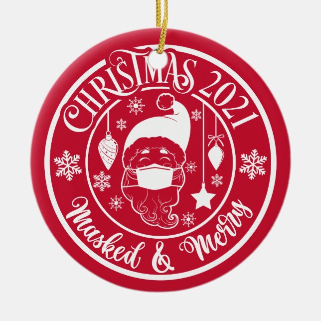 Personalized Funny 2021 Masked & Merry Christmas Ceramic Ornament (Front)