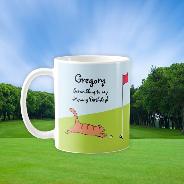 Personalized Funny Birthday Cartoon Cat Golf Joke Coffee Mug (Creator Uploaded)