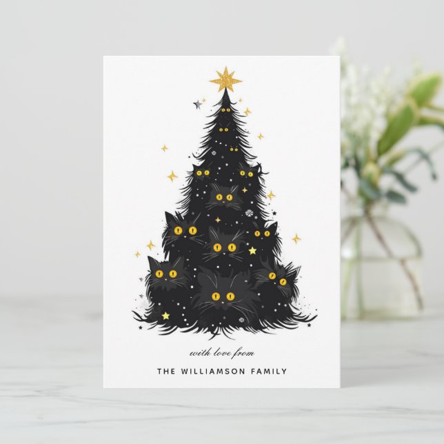 Personalized Funny Black Cat Christmas Tree Holiday Card (Standing Front)