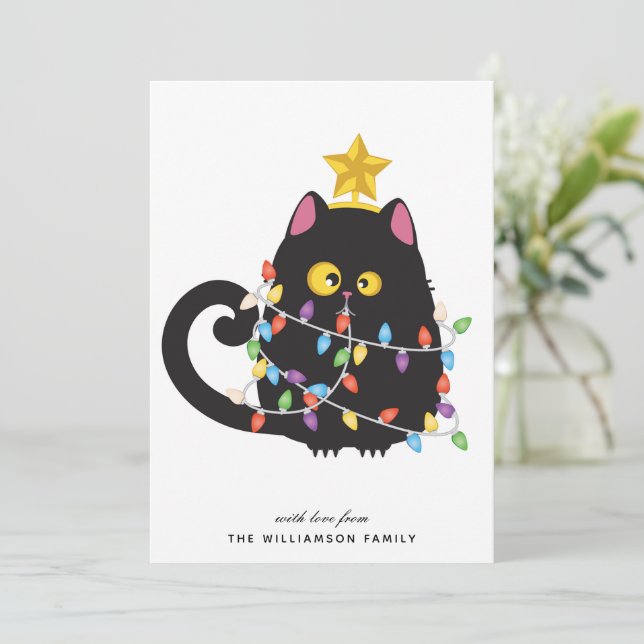 Personalized Funny Black Cat Merry Christmas Card (Standing Front)