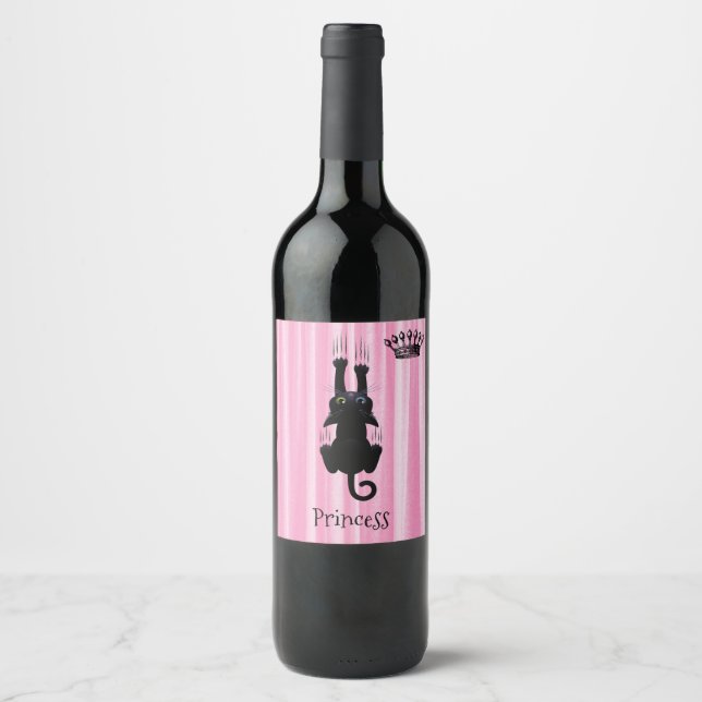 Personalized Funny Black Cat Princess Pink Wine Label (Front)
