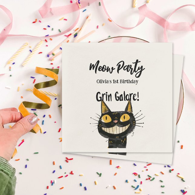 Personalized Funny Black Kitty Birthday Party Napkin (Personalized Funny Black Kitty Birthday Party Napkins)