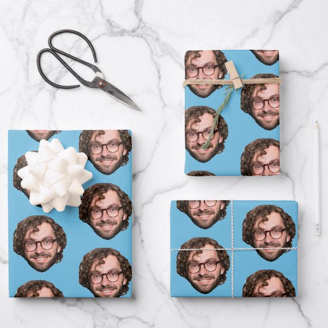 Personalized Funny Blue Custom Face Photo Wrapping Paper Sheet (Front)