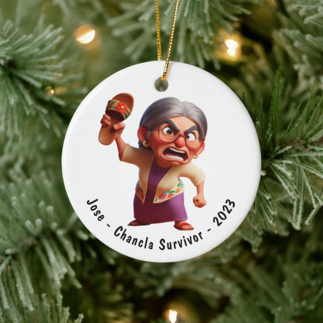Personalized Funny Chancla Survivor Navidad Ceramic Ornament (Tree)