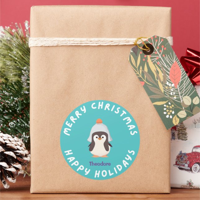 Personalized Funny Christmas Holiday Penguin Blue Classic Round Sticker (Holiday)