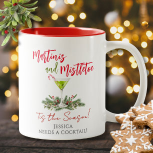 Personalized Funny Christmas Martini and Mistletoe Two-Tone Coffee Mug