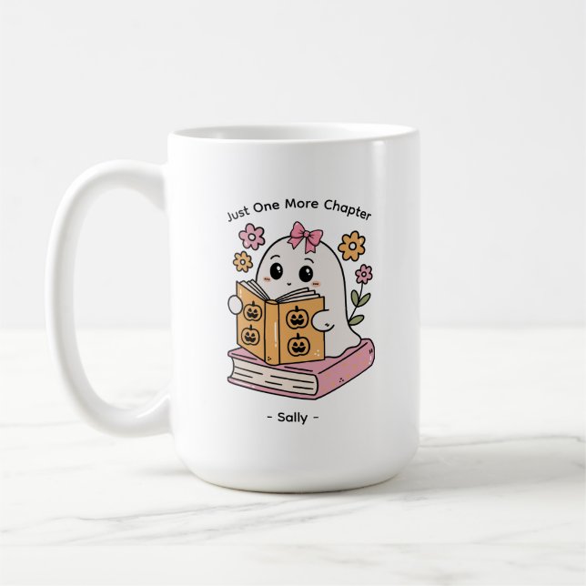 Personalized Funny Cute Halloween Book Lover Ghost Coffee Mug (Left)