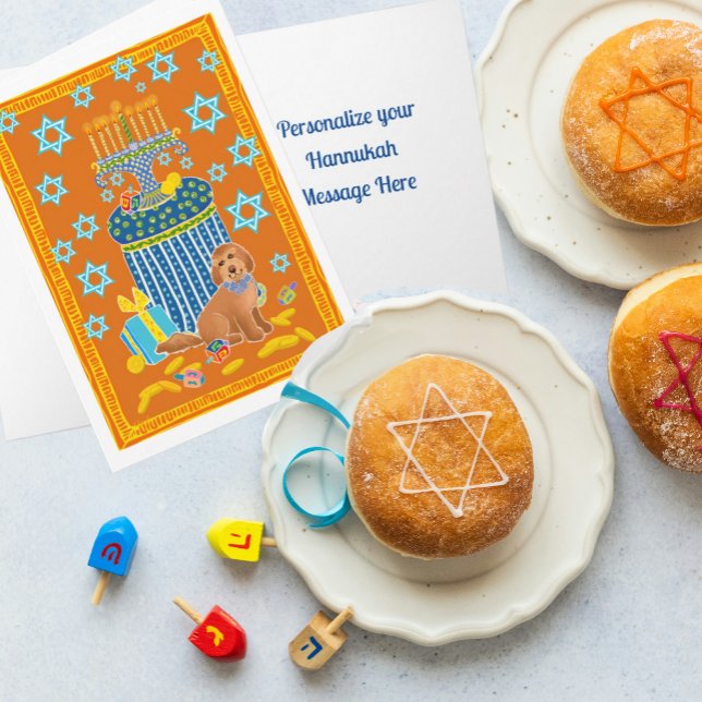 Personalized Funny Doodle Dog Tan Dog Hanukkah  Card (Happy funny Doodle Dog on this card!)