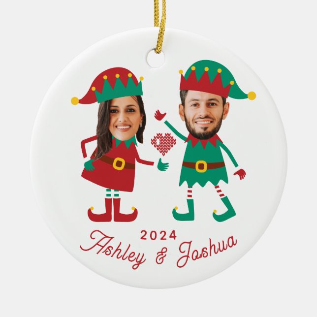 Personalized Funny Face Photo Christmas Elf Family Ceramic Ornament (Front)