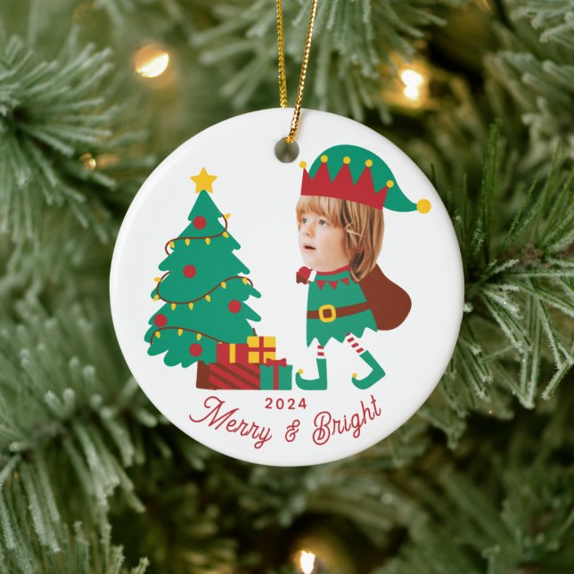 Personalized Funny Face Photo Christmas Elf Family Ceramic Ornament (Tree)