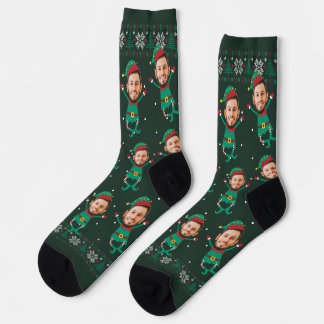 Personalized Funny Face Photo Christmas Elf Family Socks