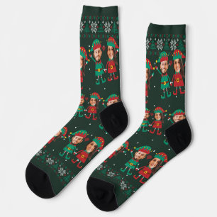 Personalized Funny Face Photo Christmas Elf Family Socks