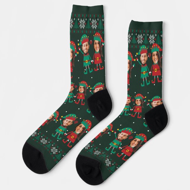 Personalized Funny Face Photo Christmas Elf Family Socks (Left)
