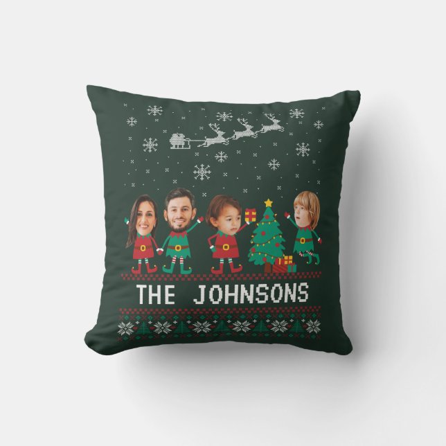 Personalized Funny Face Photo Christmas Elf Family Throw Pillow (Front)