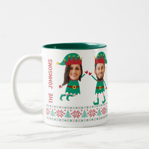 Personalized Funny Face Photo Christmas Elf Family Two-Tone Coffee Mug