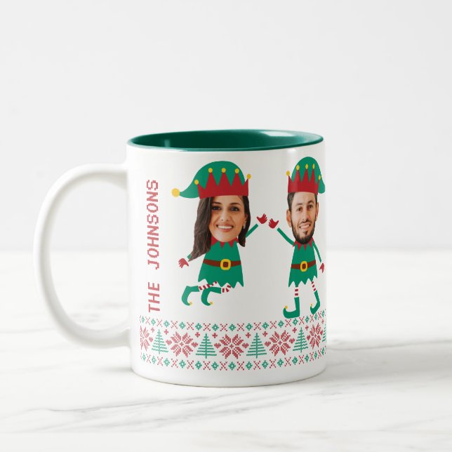 Personalized Funny Face Photo Christmas Elf Family Two-Tone Coffee Mug (Left)