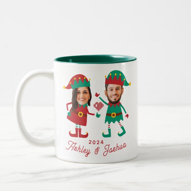 Personalized Funny Face Photo Christmas Elf Family Two-Tone Coffee Mug (Left)