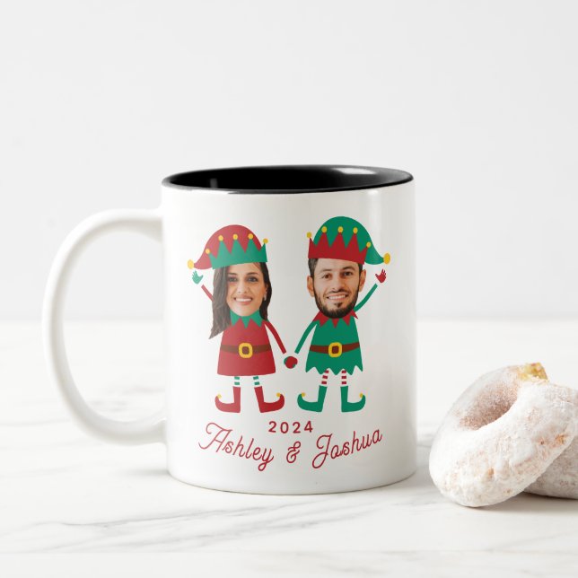 Personalized Funny Face Photo Christmas Elf Family Two-Tone Coffee Mug (With Donut)