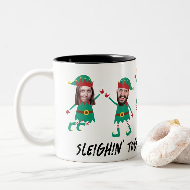 Personalized Funny Face Photo Christmas Elf Two-Tone Coffee Mug (With Donut)