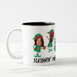 Personalized Funny Face Photo Christmas Elf Two-Tone Coffee Mug