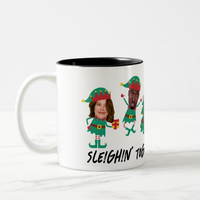 Personalized Funny Face Photo Christmas Elf Two-Tone Coffee Mug (Left)