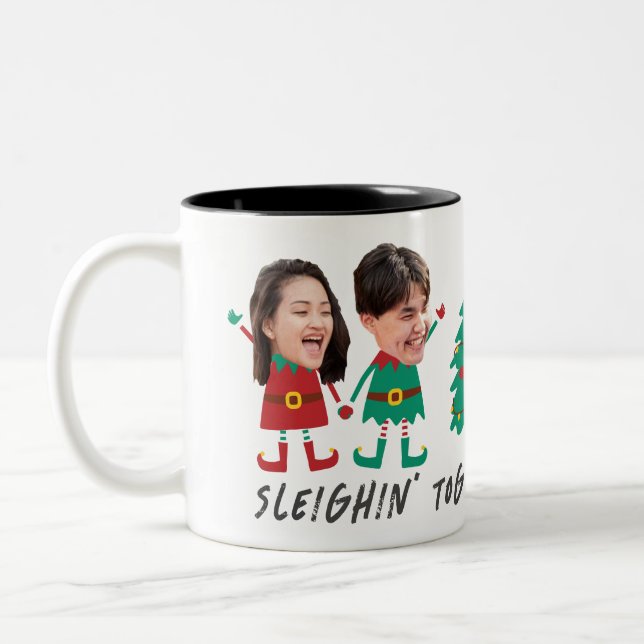 Personalized Funny Face Photo Christmas Elf Two-Tone Coffee Mug (Left)