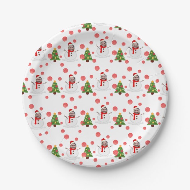 Personalized funny face photo snowman paper plate (Front)