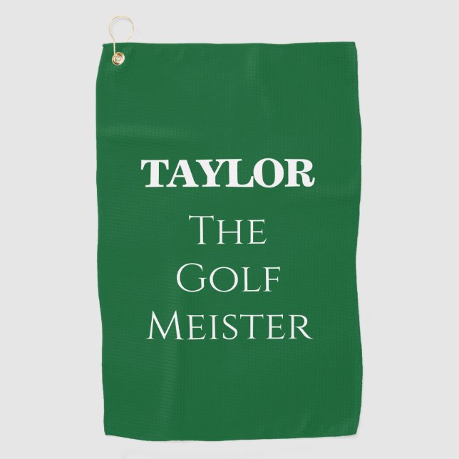 Personalized Funny Golf Meister Quote Green Golf Towel (Front)