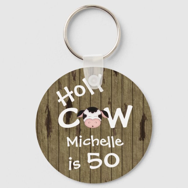 Personalized Funny Holy Cow 50th Birthday Keychain (Front)