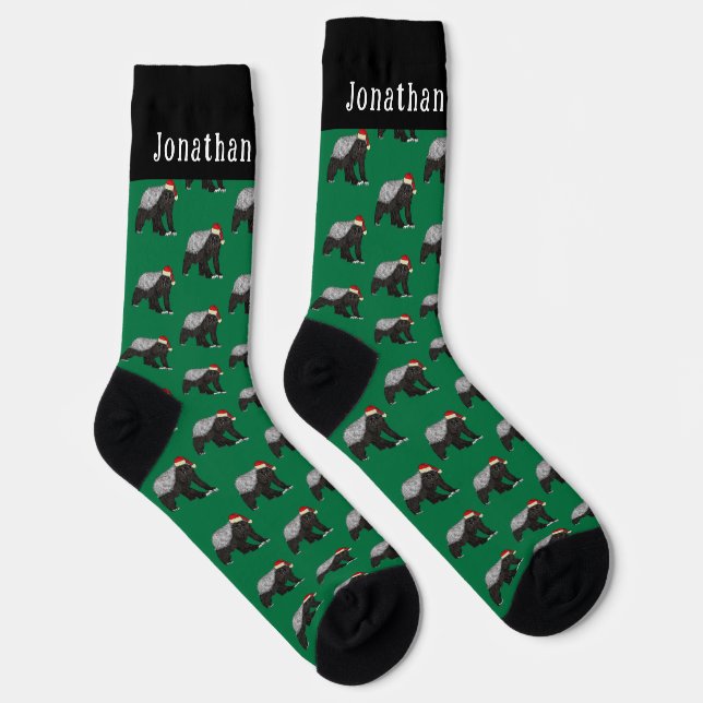 Personalized Funny Honey Badger Green Christmas Socks (Right)