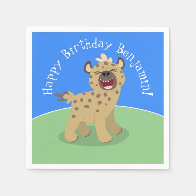 Personalized funny hyena laughing cartoon birthday napkin (Front)