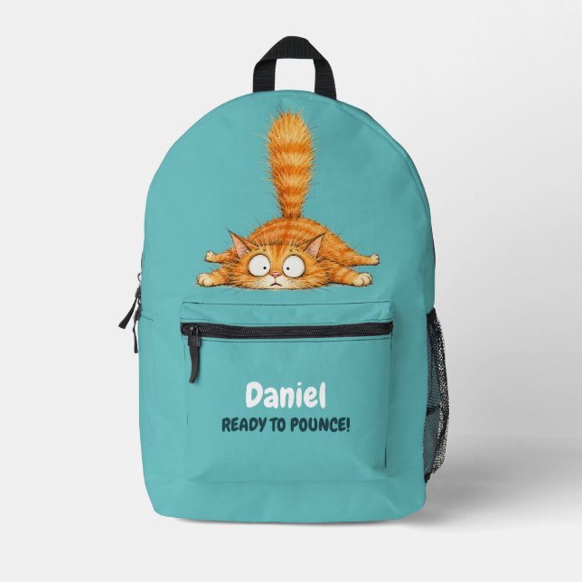 Personalized Funny Orange Cat Aqua Kids School Printed Backpack (Front)