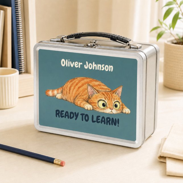 Personalized Funny Orange Cat Dark Teal Metal Lunch Box (Personalized Funny Orange Cat Dark Teal Metal Lunch Box)