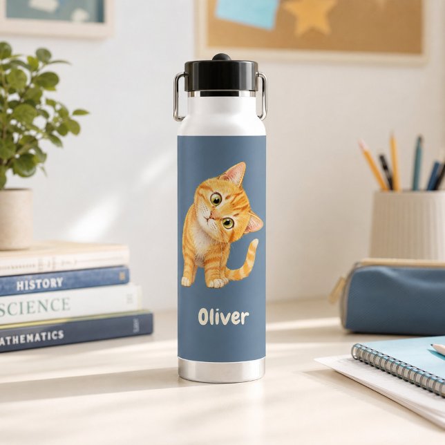 Personalized Funny Orange Cat Denim Blue Water Bottle (Personalized Funny Orange Cat Denim Blue Water Bottle)
