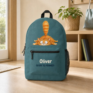 Personalized Funny Orange Cat Petrol Blue Boys Printed Backpack