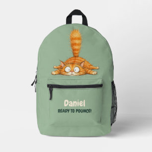 Personalized Funny Orange Cat Sage Green Kids Printed Backpack