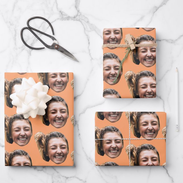 Personalized Funny Orange Custom Face Photo Girly Wrapping Paper Sheet (Front)