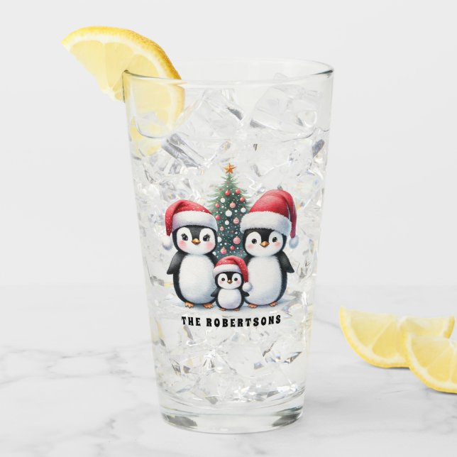 Personalized Funny Penguins Family Christmas Glass (Front Ice)