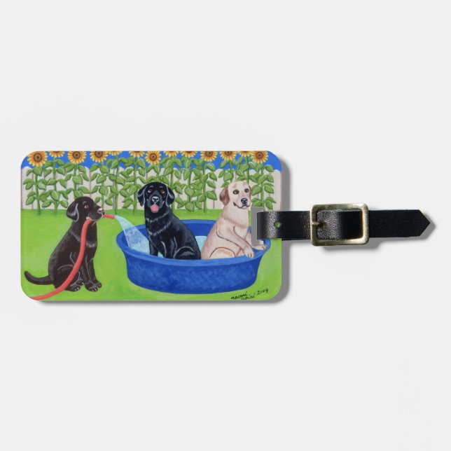 Personalized Funny Pool Party Labradors Luggage Tag (Front Horizontal)